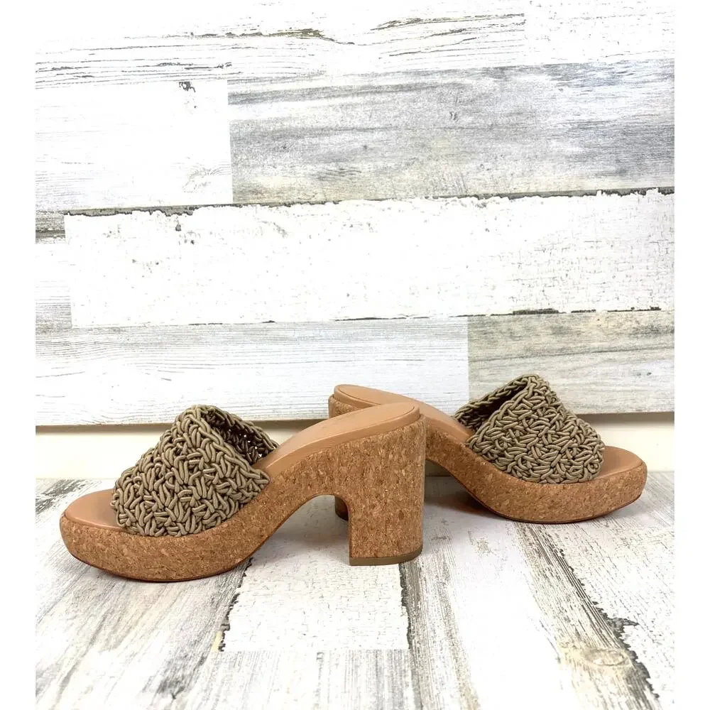 Vince Womens 7 Tan Nicki Crochet Knotted Cork Platform Slip On Heeled Sandals